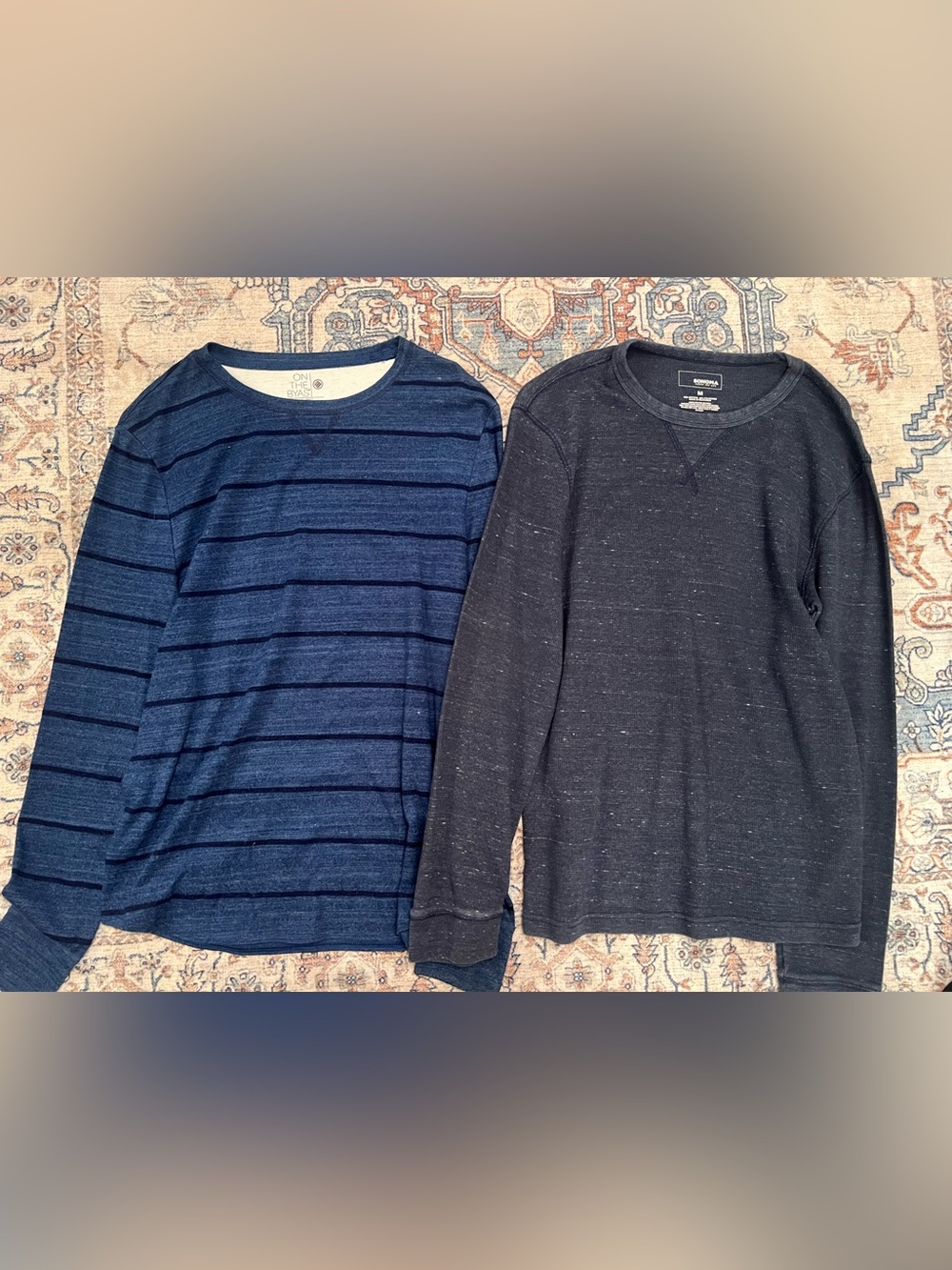 Men's Blue Striped Long-Sleeve Crew Neck Shirt - Unbranded
